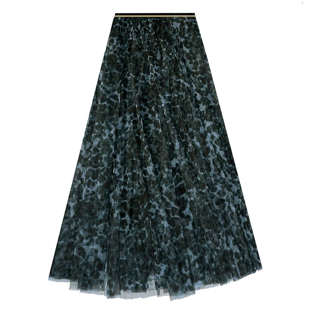 Black and gray leopard print skirt on a white background