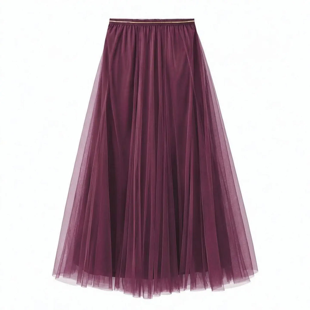A pleated tulle midi skirt in a deep malbec wine  colour, featuring a gathered elastic waistband, shown against a plain white background.