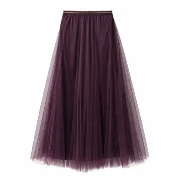 A dark plum purple tulle midi skirt with a pleated, voluminous A-line silhouette, shown against a plain white background.