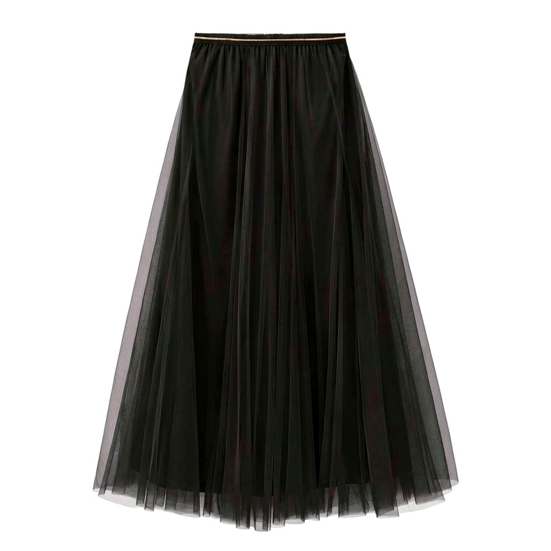 A black pleated tulle midi skirt with a thin gold waistband, shown against a plain white background.