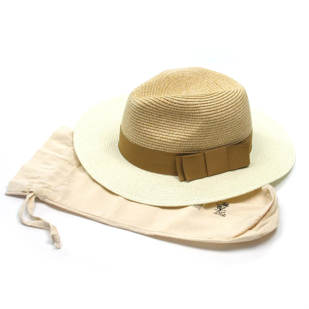 Beige sun hat with a brown band and matching visor on a white background