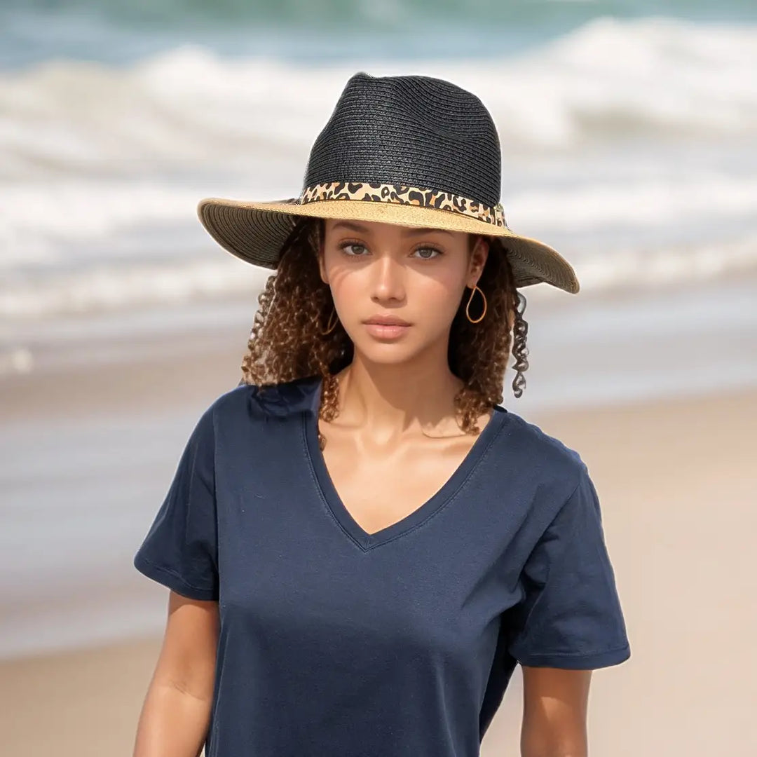 Woman wearing a wide-brimmed hat on a beach