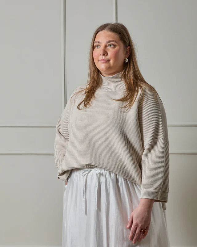 Chalk Vicky Jumper - Cream Funnel Neck Cotton Knit for All Seasons - Monica Luz