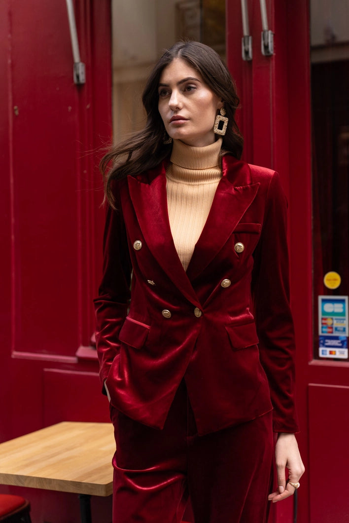 Victoria Velvet Blazer in Bordeaux