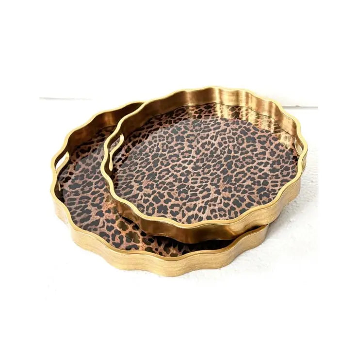 Waved Set of 2 Brushed Gold Leopard Print Serving Trays