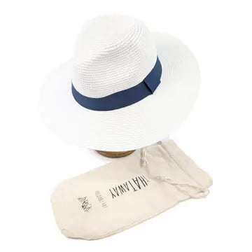 White straw hat with blue band and beige carrying bag on a white background
