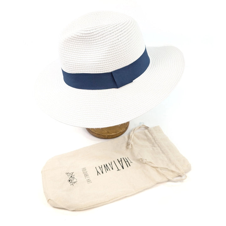 White straw hat with blue band and beige carrying bag on a white background
