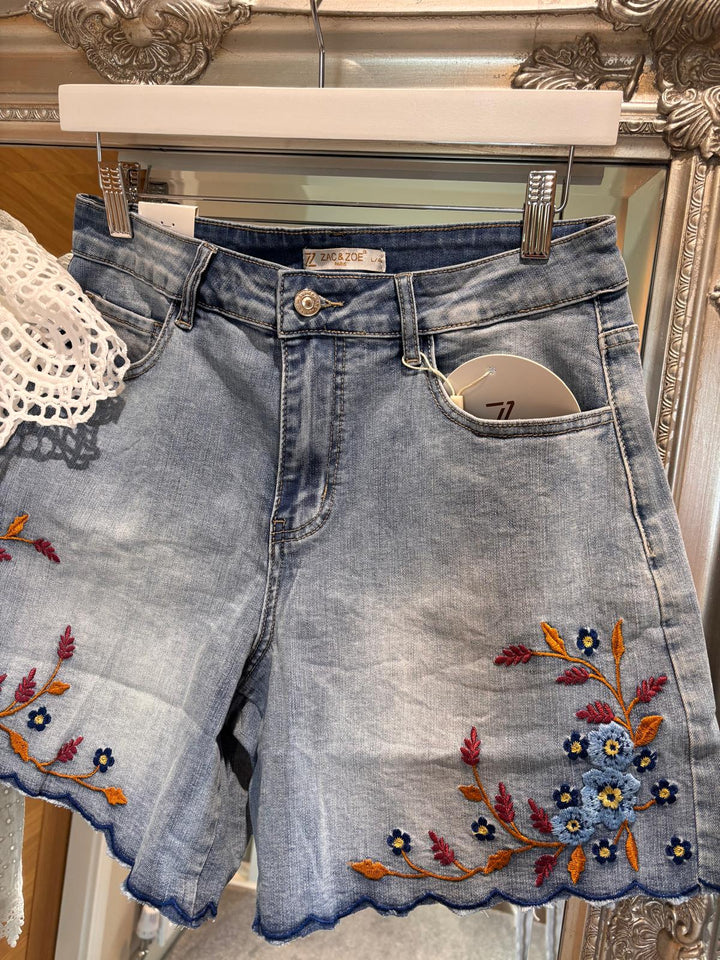 Wildflower Embroidered Scallop Hem Denim Shorts