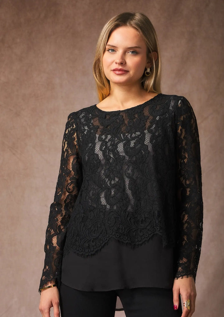 Liana  Blouse in Lace & Organza - Black