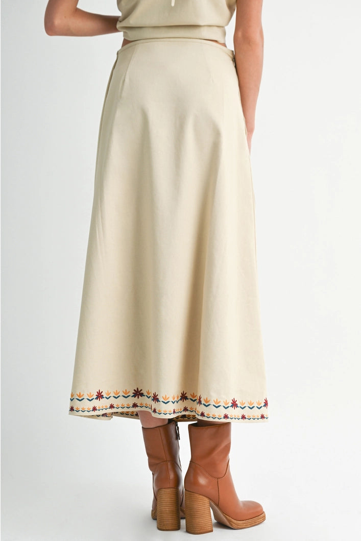 Vivienne  Embroidered Hem Wrap Maxi Skirt - Ecru
