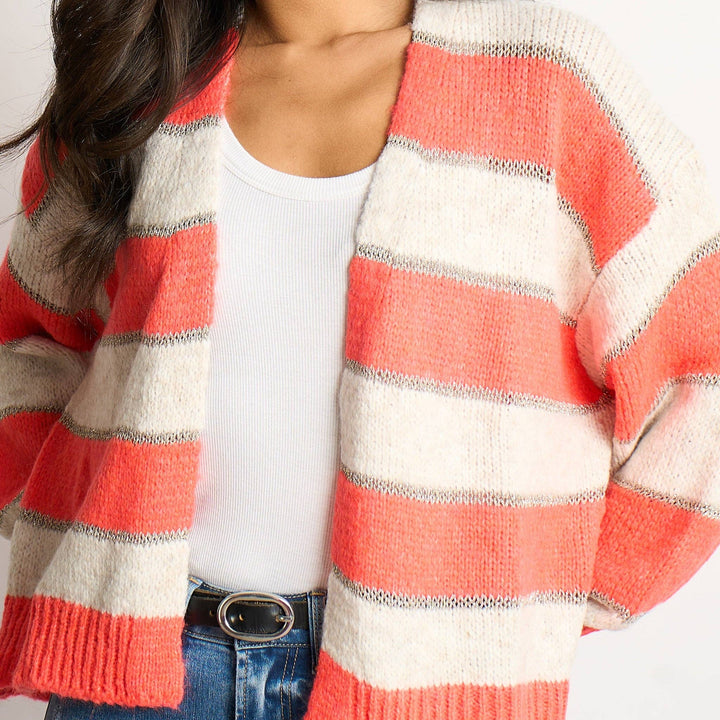 Gwyneth  Striped Italian Wool Blend Cardigan in Coral/ecru mix