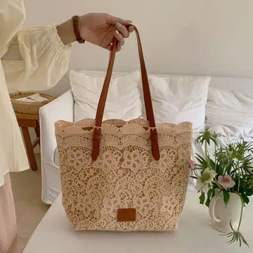 Crochet Lace Shoulder Summer Bag - Beige