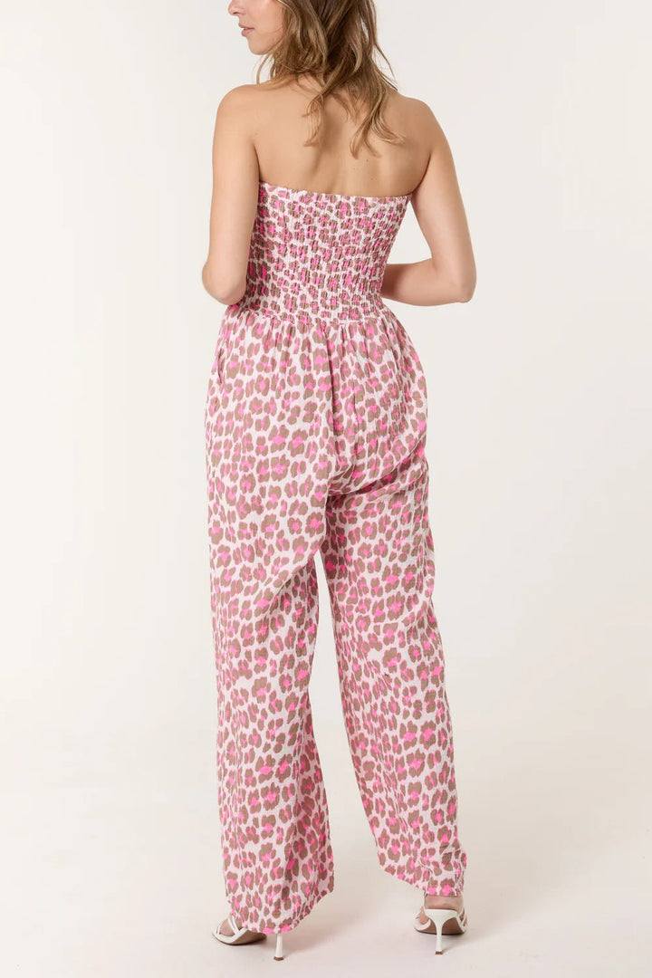 Bandeau Animal Cheesecloth Jumpsuit | Mocha/pink - Monica Luz