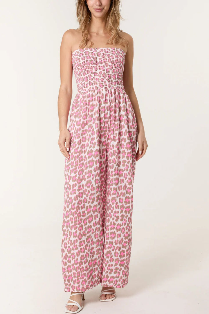 Bandeau Animal Cheesecloth Jumpsuit | Mocha/pink - Monica Luz