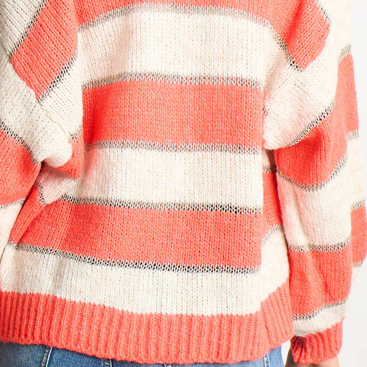 Gwyneth  Striped Italian Wool Blend Cardigan in Coral/ecru mix
