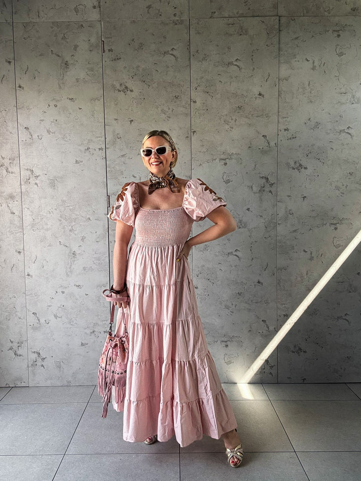 Best seller!! The Porto Fino maxi dress w/embroidered sleeves - Monica Luz