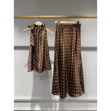 Elisabeth Satin Polka-Dot Printed Top - Brown & Ecru dots