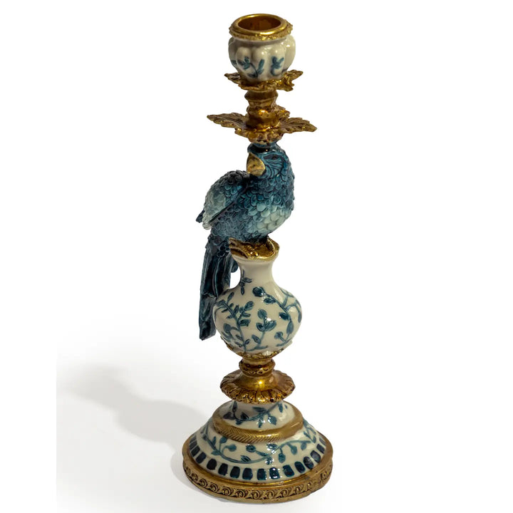 Antiqued Ornate Blue/White Parrot Candle Holder