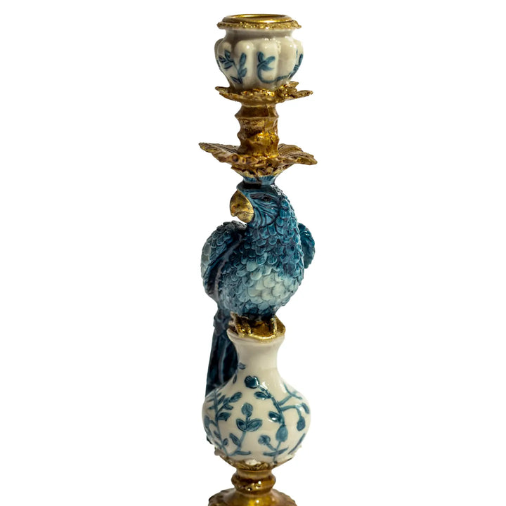 Antiqued Ornate Blue/White Parrot Candle Holder