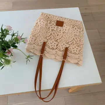 Crochet Lace Shoulder Summer Bag - Beige