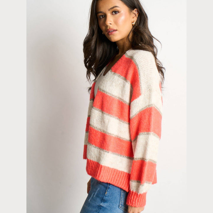 Gwyneth  Striped Italian Wool Blend Cardigan in Coral/ecru mix