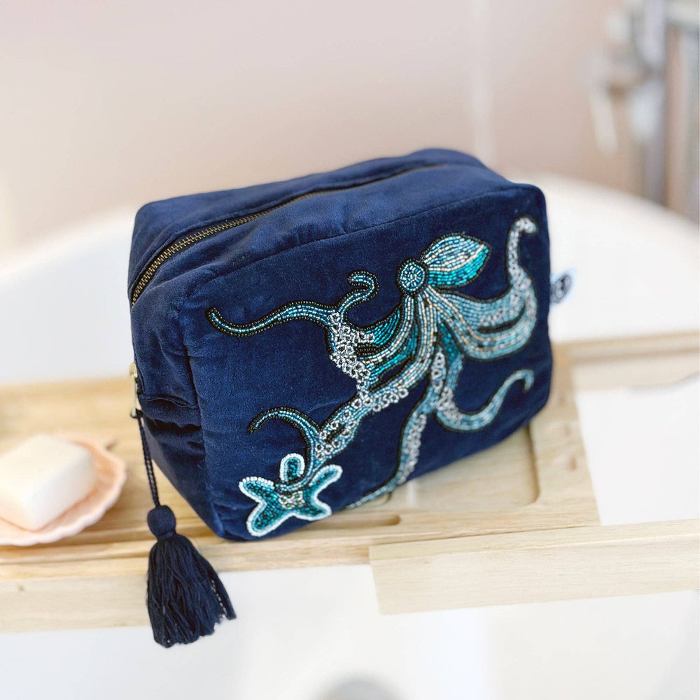 Cream Cornwall | Velvet Beaded Navy Octopus Wash Bag - Monica Luz