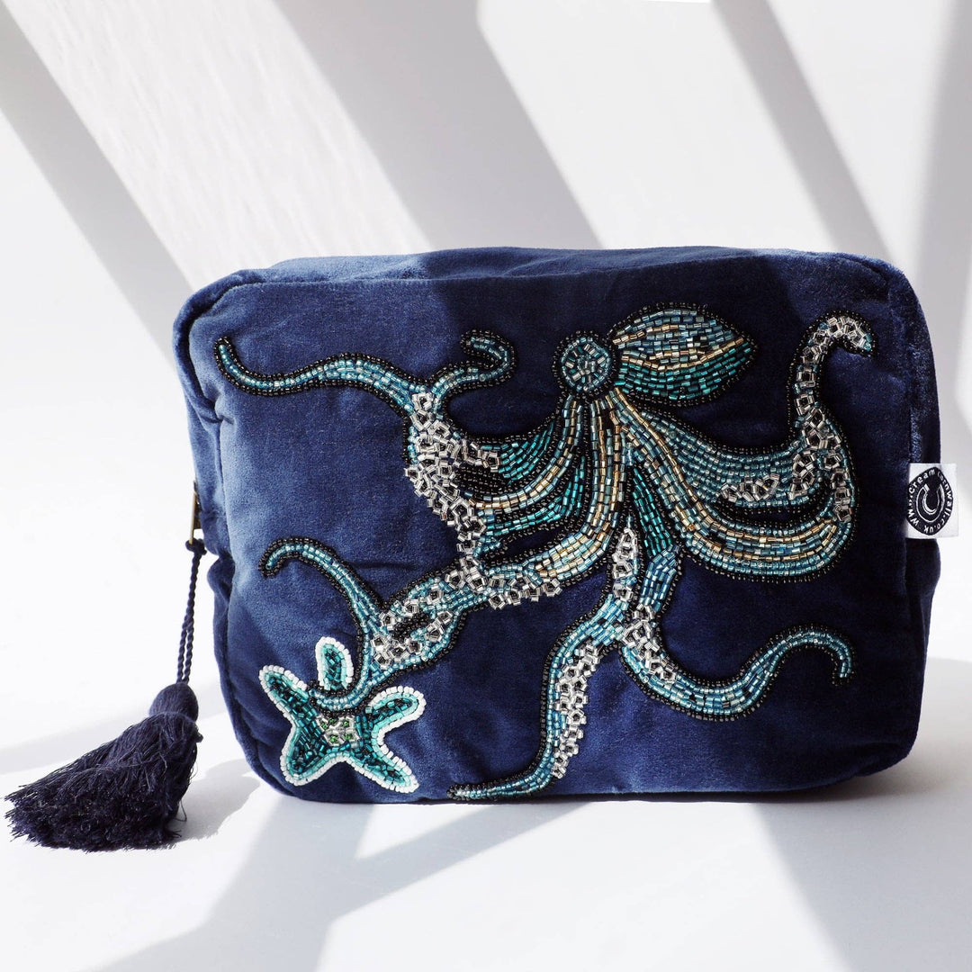 Cream Cornwall | Velvet Beaded Navy Octopus Wash Bag - Monica Luz