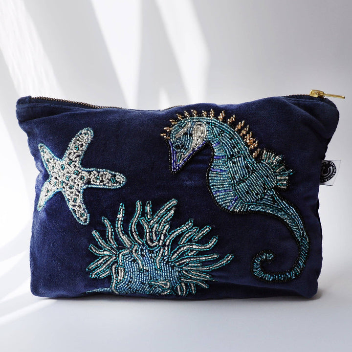 Cream Cornwall | Velvet Beaded Seahorse Pouch Bag - Monica Luz