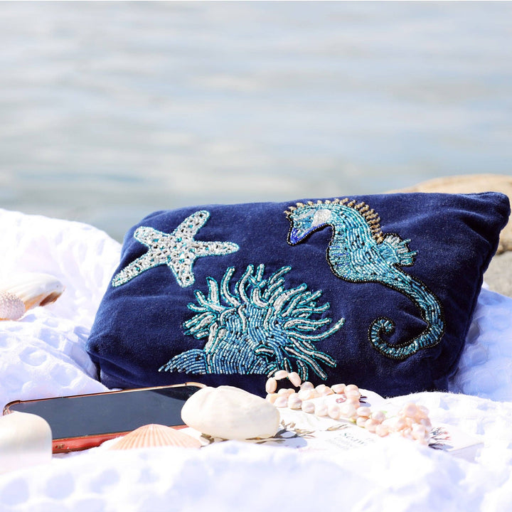 Cream Cornwall | Velvet Beaded Seahorse Pouch Bag - Monica Luz