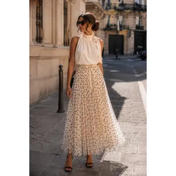 Polka Dot Tulle Skirt - Ecru/Black velvet dots