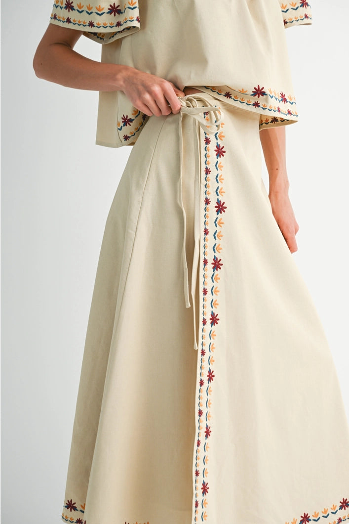 Vivienne  Embroidered Hem Wrap Maxi Skirt - Ecru