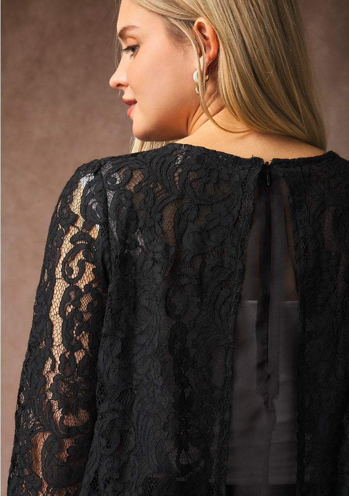 Liana  Blouse in Lace & Organza - Black