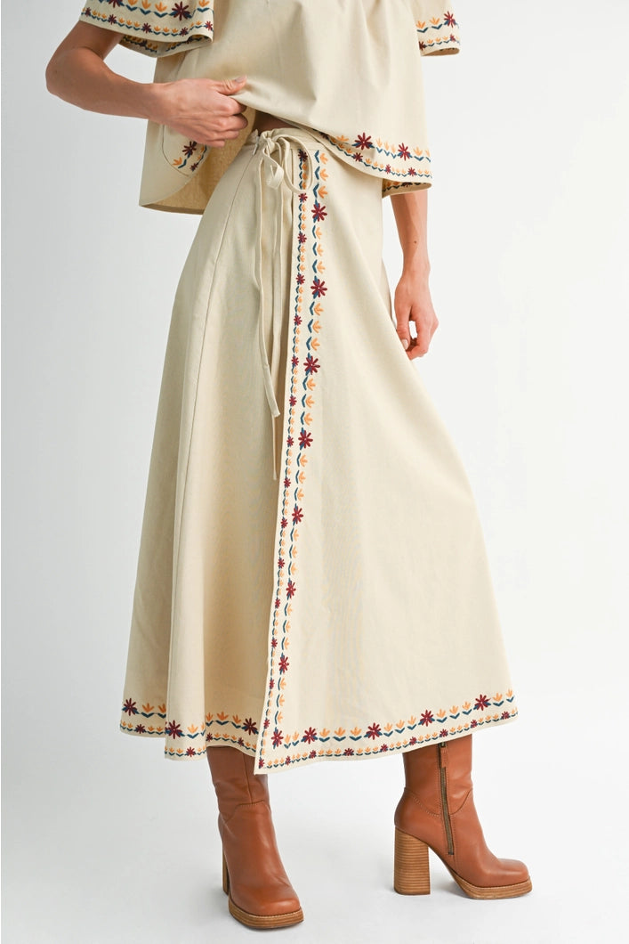 Vivienne  Embroidered Hem Wrap Maxi Skirt - Ecru