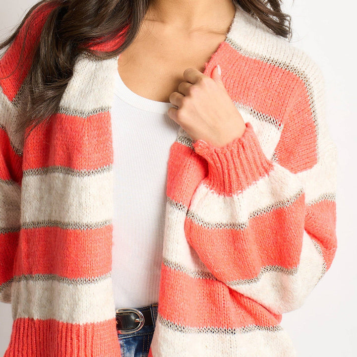 Gwyneth  Striped Italian Wool Blend Cardigan in Coral/ecru mix