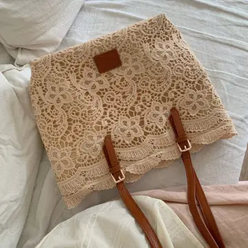 Crochet Lace Shoulder Summer Bag - Beige