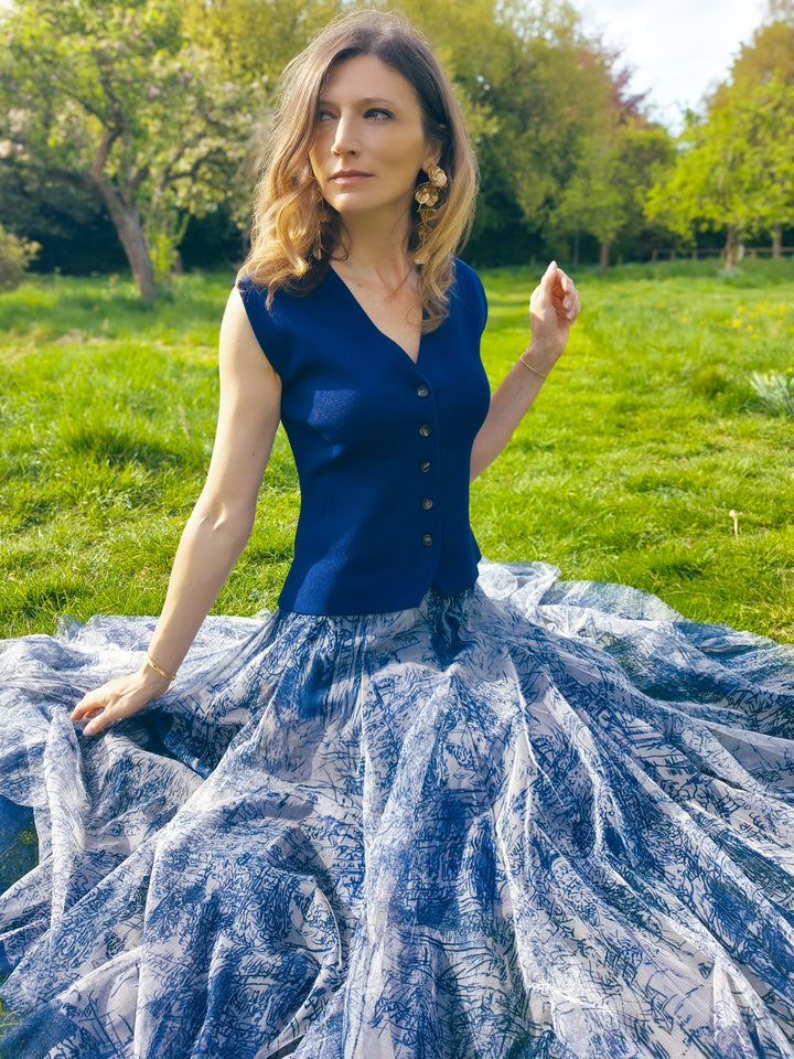 French Riviera Parisian Art printed Tulle Skirt | Navy Blue - Monica Luz