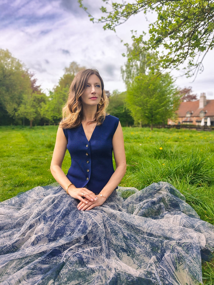 French Riviera Parisian Art printed Tulle Skirt | Navy Blue - Monica Luz