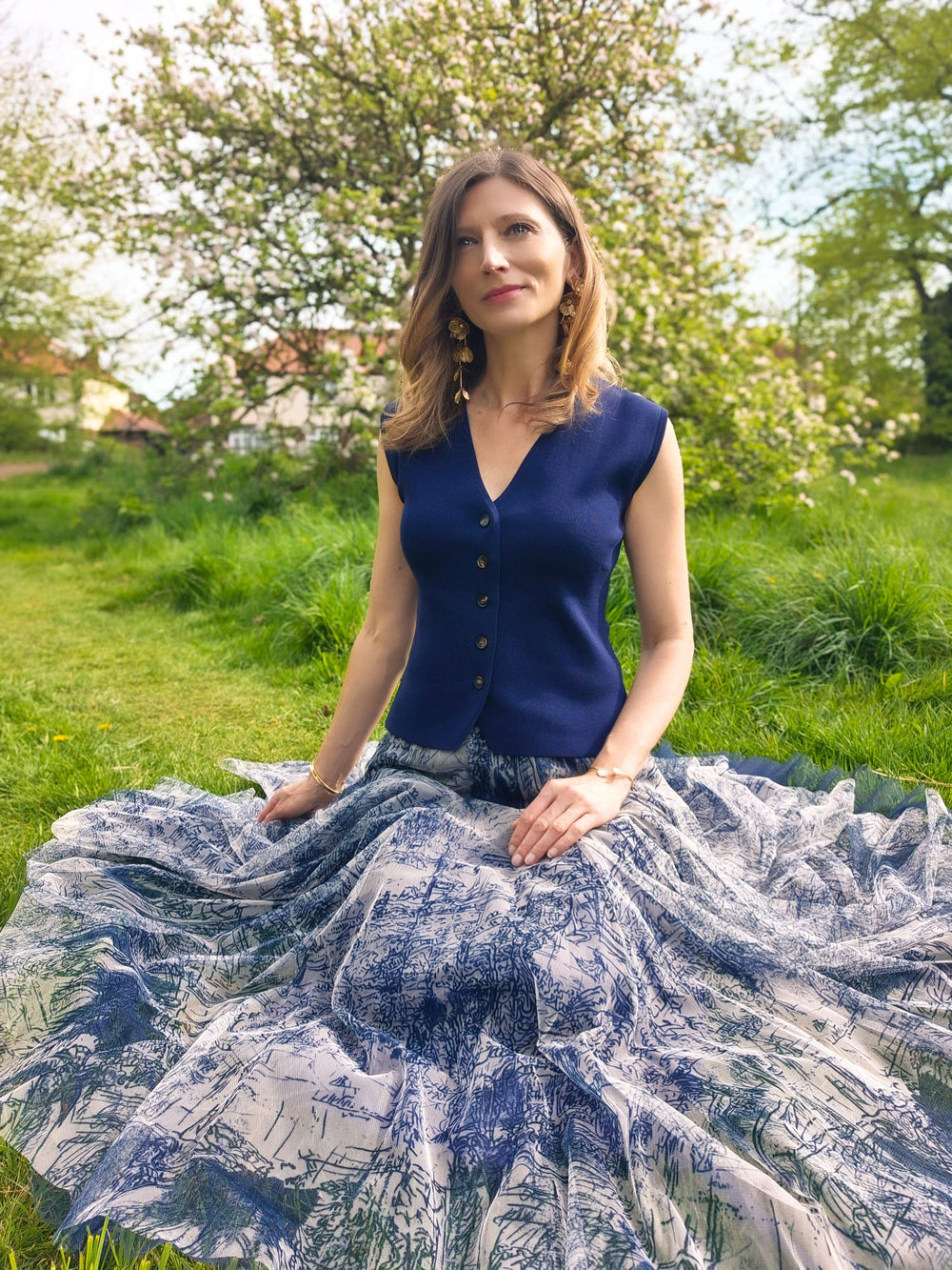 French Riviera Parisian Art printed Tulle Skirt | Navy Blue - Monica Luz