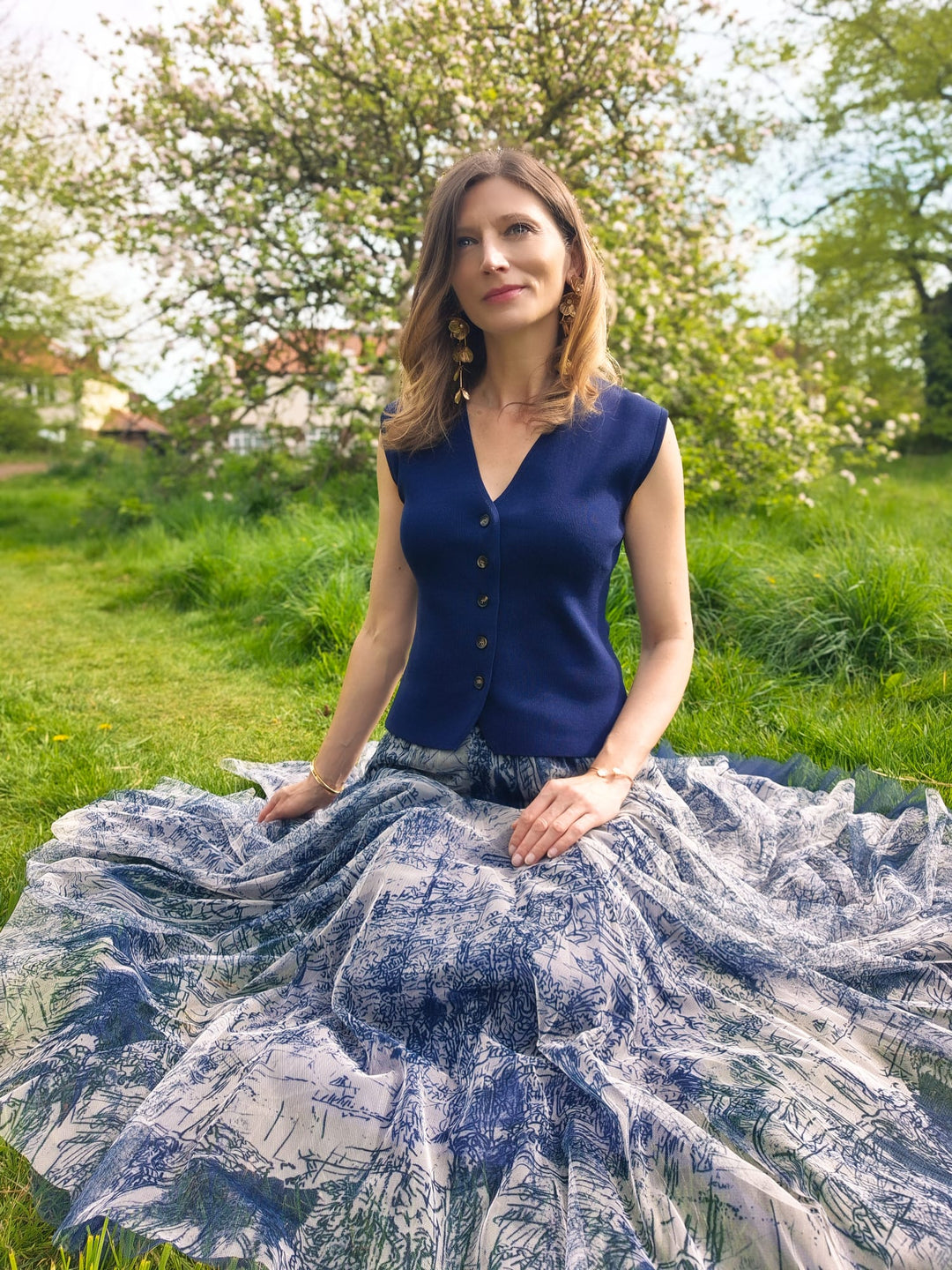 French Riviera Parisian Art printed Tulle Skirt | Navy Blue - Monica Luz