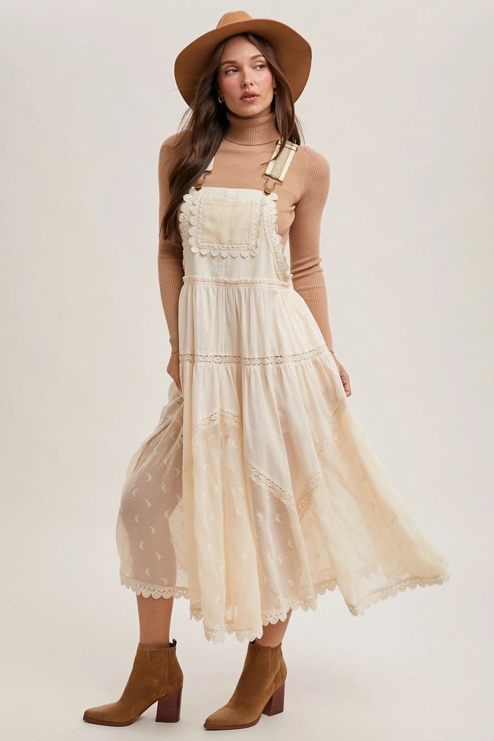 Kimberly Lace Embroidered Tulle Bib scalloped Dress | Ecru - Monica Luz
