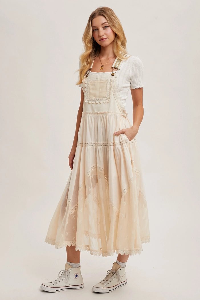 Kimberly Lace Embroidered Tulle Bib scalloped Dress | Ecru - Monica Luz