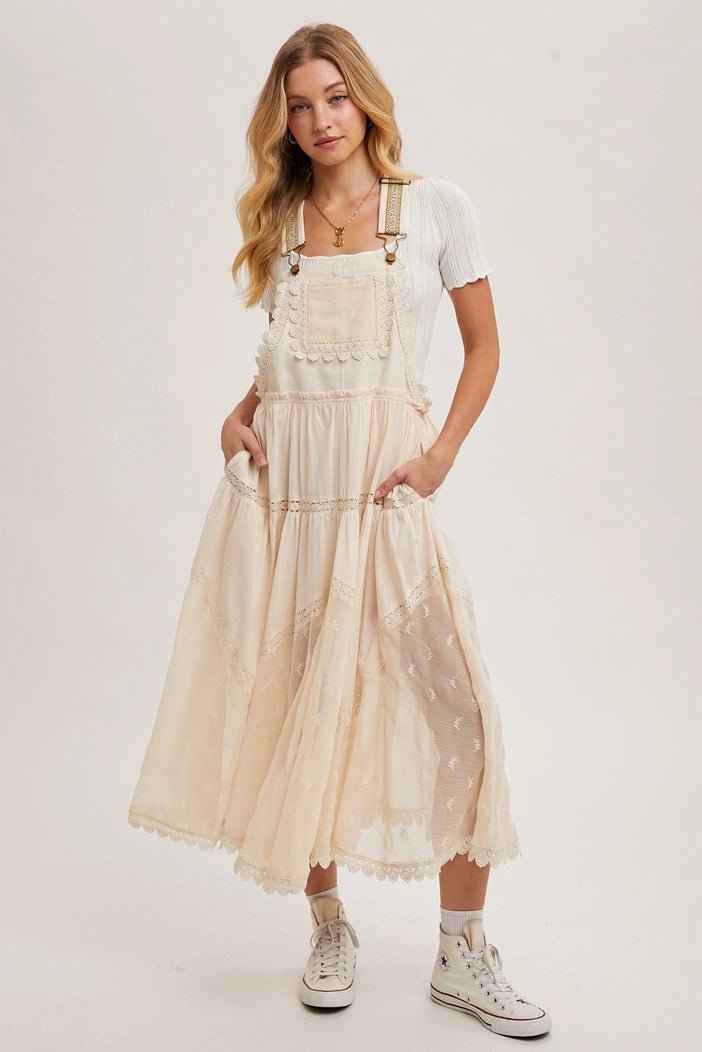 Kimberly Lace Embroidered Tulle Bib scalloped Dress | Ecru - Monica Luz