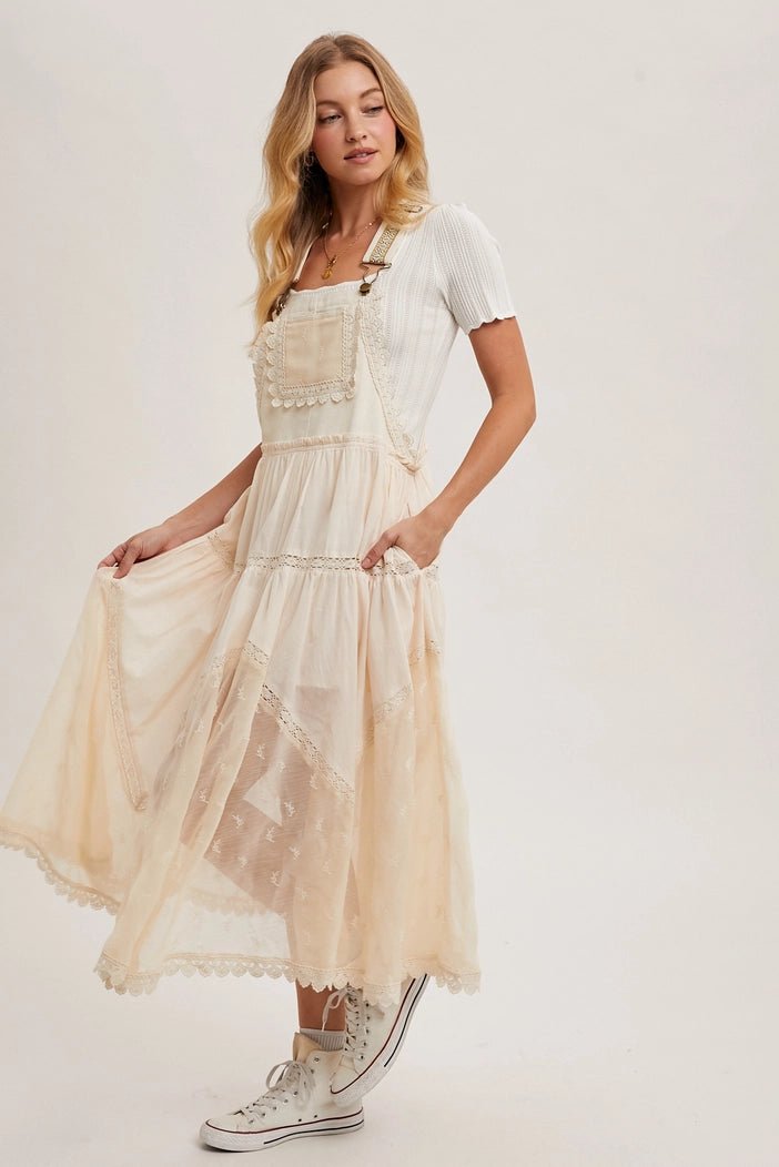 Kimberly Lace Embroidered Tulle Bib scalloped Dress | Ecru - Monica Luz