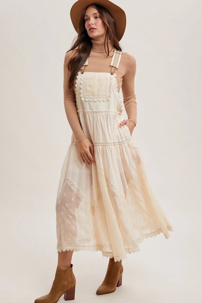 Kimberly Lace Embroidered Tulle Bib scalloped Dress | Ecru - Monica Luz