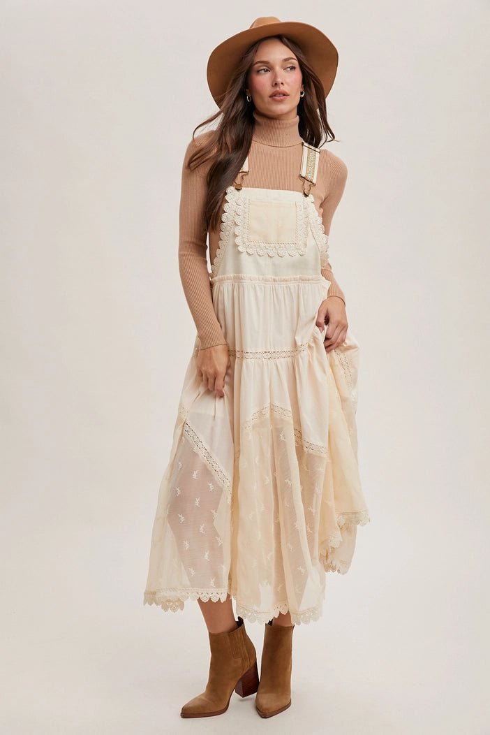 Kimberly Lace Embroidered Tulle Bib scalloped Dress | Ecru - Monica Luz