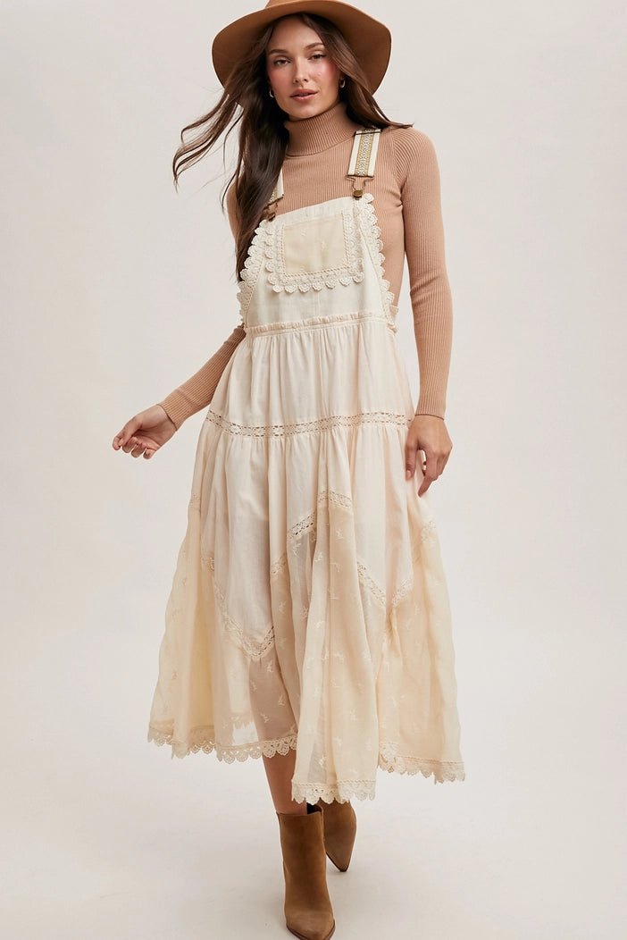 Kimberly Lace Embroidered Tulle Bib scalloped Dress | Ecru - Monica Luz