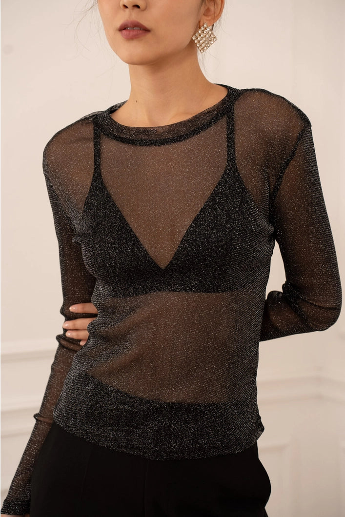 Shimmering Lurex Mesh Top - Brown -  Burgundy