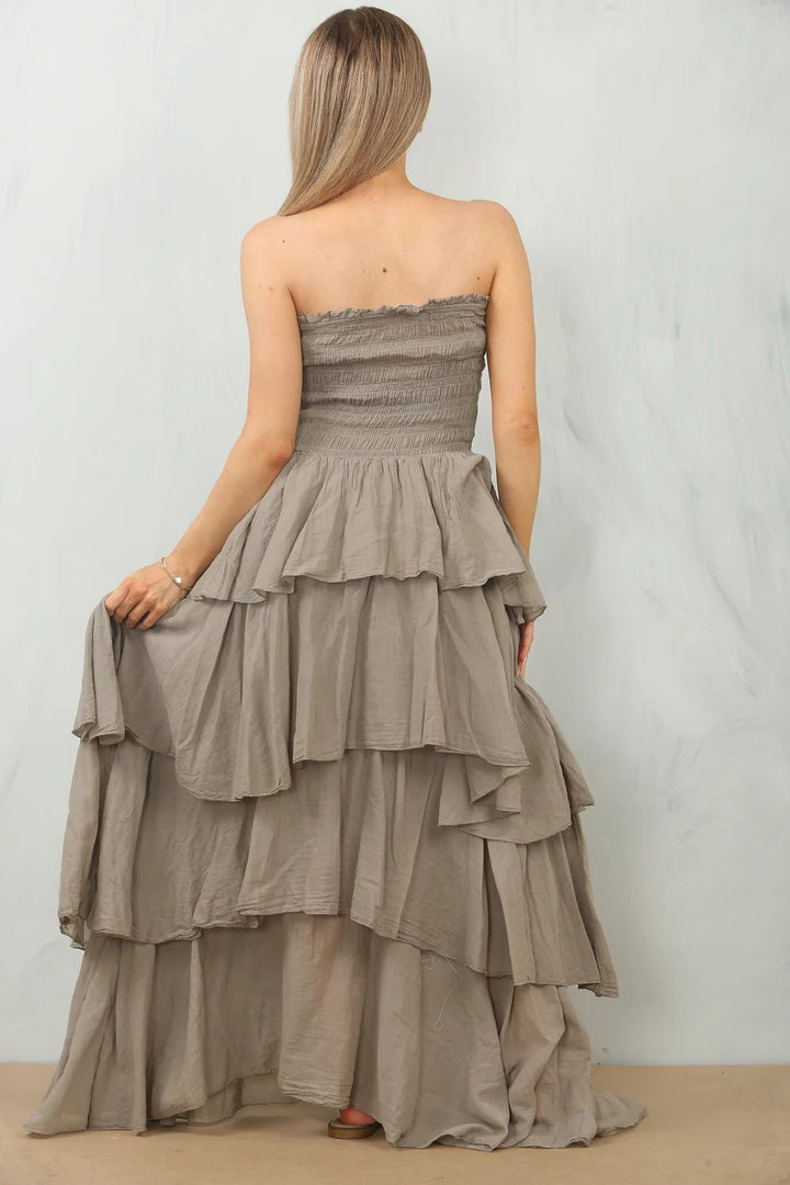 Sabina Ruffle Bandeau Maxi Dress | Mocha - Monica Luz