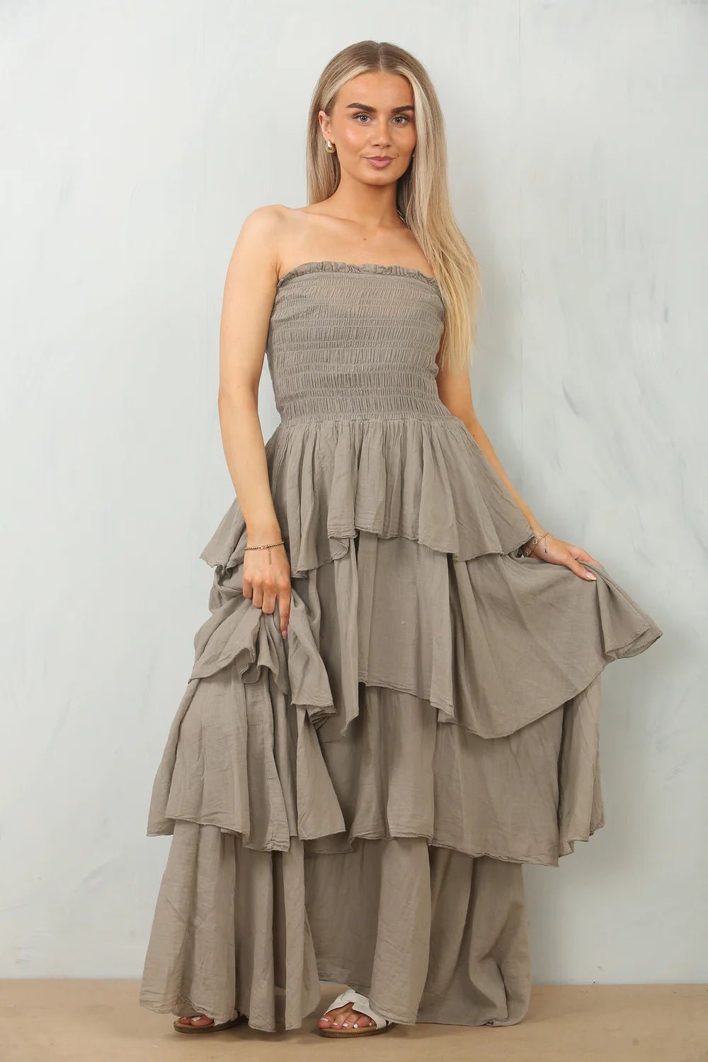 Sabina Ruffle Bandeau Maxi Dress | Mocha - Monica Luz