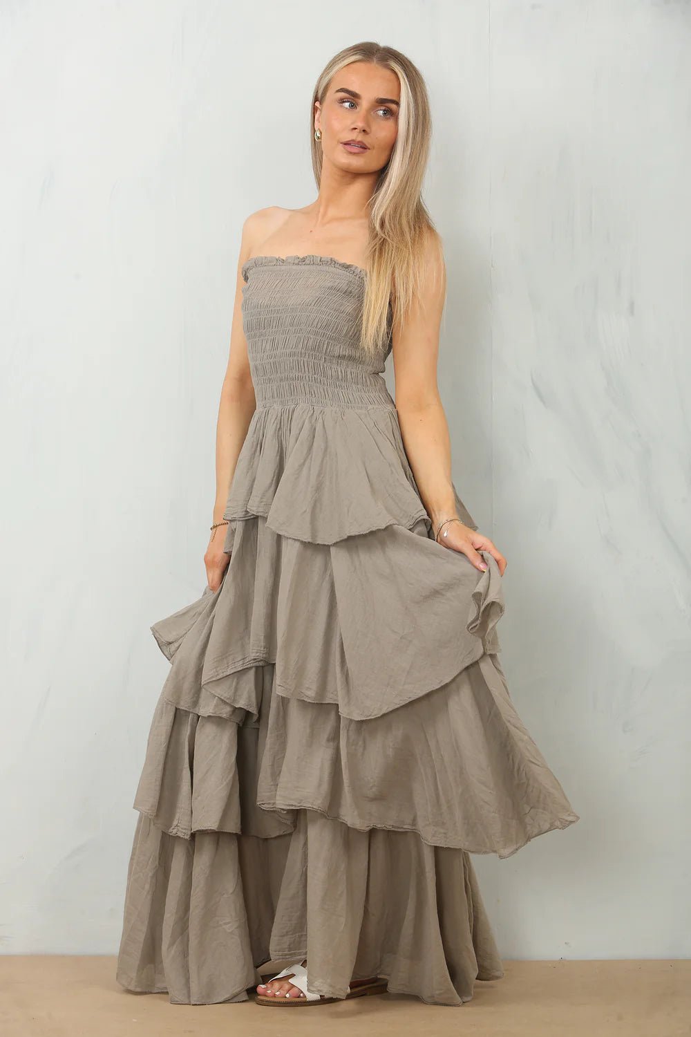 Sabina Ruffle Bandeau Maxi Dress | Mocha - Monica Luz